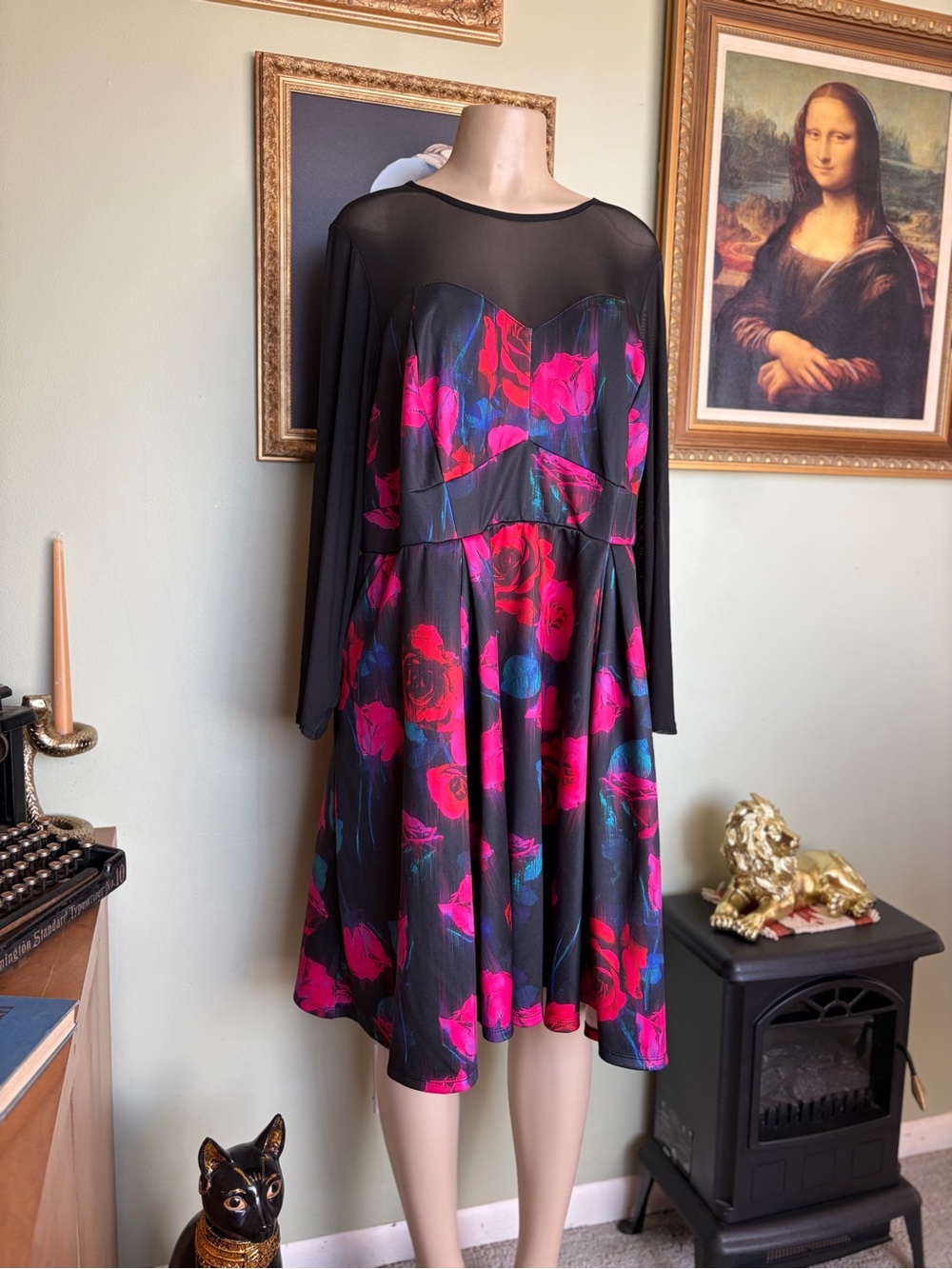 Torrid Black Sheer Floral Corset Lace Up Flare Dress Size 3 Dark Romantic Witchy
